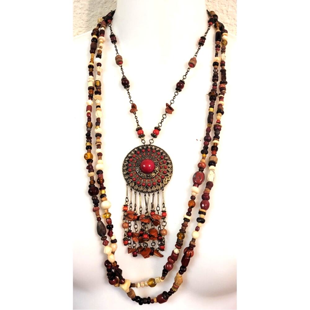 Vtg Southwest Boho Long Necklace Lot Beaded Fringe Ethnic Statement Red Stone